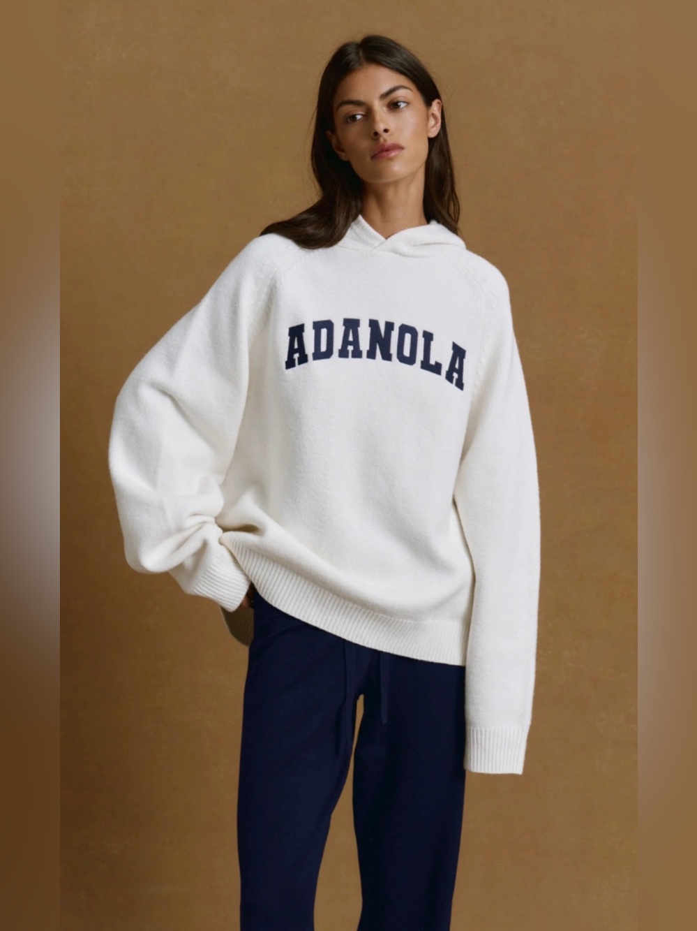 ADANOLA Varsity Oversized Knit Hoodie - Cream/Navy Blue Size S